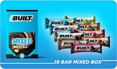 Built Bar 18 Pack Protein and Energy Bars - 100% Real Chocolate - High Protein, Whey and Fiber - Low Carb, Low Calorie, Low Sugar - Gluten Free (9 Flavor Mixed Box)