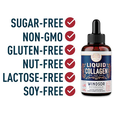Concentrated Liquid Collagen Peptides Supplement - Hair, Skin, Nail, Joints Support - Sublingual Drops by Windsor Botanicals - 10,000mcg Collagen, 5,000mcg Biotin - Lemon Flavor - 2-Month - 2 oz