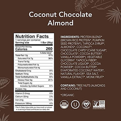 ALOHA Organic Plant Based Protein Bars - Coconut Chocolate Almond - 12 Count, 1.98oz Bars - Vegan, Low Sugar, Gluten Free, Paleo, Low Carb, Non-GMO, Stevia Free, Soy Free, No Sugar Alcohols