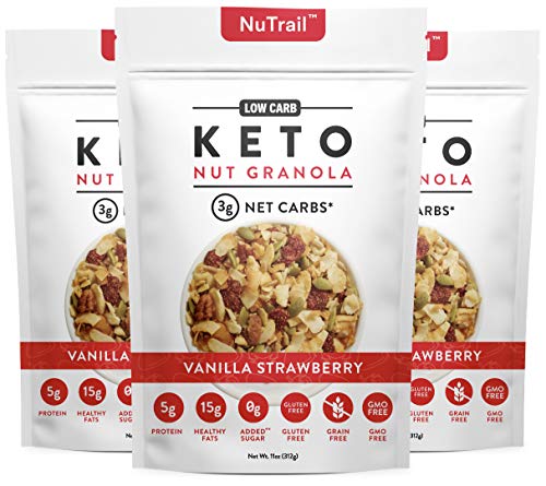 NuTrail™ - Keto Vanilla Strawberry Nut Granola Healthy Breakfast Cereal - Low Carb Snacks & Food - 3g Net Carbs - Gluten Free, Grain Free - Almonds, Pecans, Coconut and more (11 oz) (3 Count)