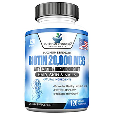 Biotin 20,000mcg with Keratin, Organic Coconut and Zinc, Hair Growth Supplements, Biotin Supplements, Healthy Hair Skin & Nails for Adults, No Filler, No Stearate, 120 Vegan Capsules, 120 Day Supply