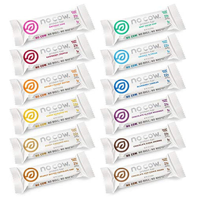 No Cow Protein Bars, 12 Flavor Sampler Pack, 20g Plus Plant Based Vegan Protein, Keto Friendly, Low Sugar, Low Carb, Low Calorie, Gluten Free, Naturally Sweetened, Dairy Free, Non GMO, Kosher, 12 Pack