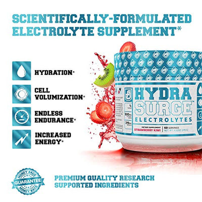 HYDRASURGE Electrolyte Powder - Hydration Supplement with Key Minerals, Himalayan Sea Salt, Coconut Water, More - Keto Friendly, Sugar Free & Naturally Sweetened - 60 Servings, Strawberry Kiwi