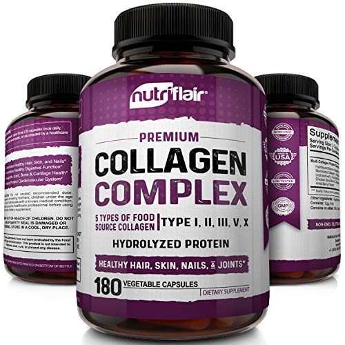 NutriFlair Multi Collagen Peptides Pills 2250MG, 180 Capsules - Type I, II, III, V, X - Premium Collagen Complex - Hydrolyzed Protein Supplement for Anti-Aging, Healthy Joints, Hair, Skin, and Nails