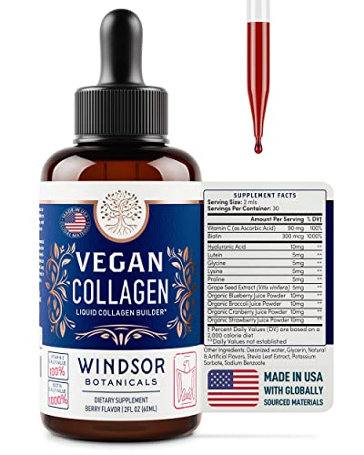 Vegan Collagen Builder Liquid Supplement - Windsor Botanicals Age Defense Formula for Youthful Skin, Hair, Nails, and Pain-Free Joints - Gluten-Free, Non-GMO Liquid Collagen - Berry Flavor - 2 oz