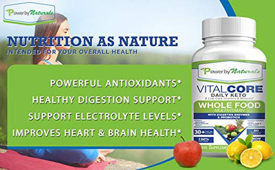 Power By Naturals - Keto Vital Core - Daily WholeFood Multivitamin Low Carb Diet Supplement with Minerals, Electrolytes, Digestive Enzyme and Probiotics - 90 Pills No Carb Vitamins - Whole Food Multi
