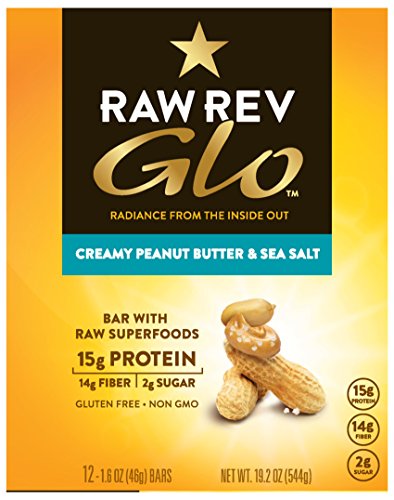 Raw Rev Glo Protein Bars, Creamy Peanut Butter & Sea Salt, 1.6 Ounce (Pack of 12), 15g Protein, 2g Sugar, 14g Fiber, Keto-Friendly, Vegan, Plant-Based Protein, Gluten-Free Snack Bar