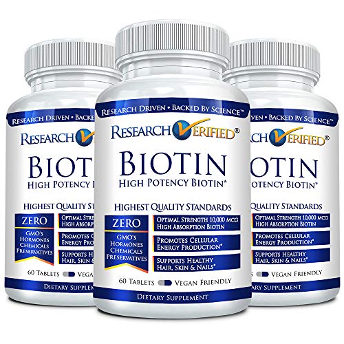 Research Verified Biotin – Pure Biotin Extra Strength 10,000mcg for Improved Hair, Skin and Nail Health - 180 Vegan Tablets, Made in USA
