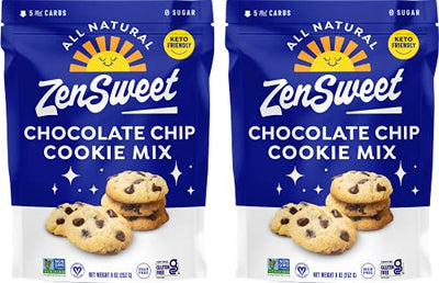 ZenSweet Baking Chocolate Chip Cookie Mix - Keto Baking Mix - 9oz, 2 Packs - No Sugar Added, Gluten Free, Grain Free, Vegan, Low Carb, Non-GMO - With Monk Fruit Sweetener - Makes 12 Sugar-Free Cookies