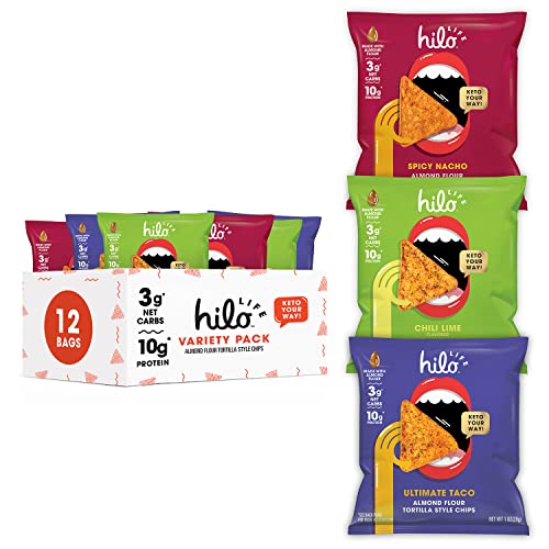 Hilo Life Low Carb Keto Friendly Tortilla Chip Snack Bags, Variety Pack, 1oz Bags (12 Pack)