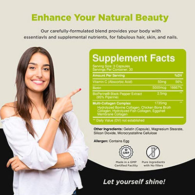 Multi Collagen Pills with Collagen Peptides - Multi Collagen Plus Type 1 2 3 5 & X - Multi Collagen Capsules with Hair Skin and Nails Vitamins - Hydrolyzed Collagen Supplements for Women and Men