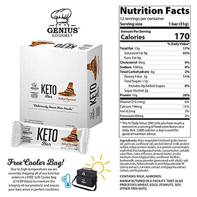 Genius Gourmet Gluten Free Keto Protein Bar, All Natural Keto Bars, Premium MCTs, Low Carb, Low Sugar (Salted Caramel, 12 Count (Pack of 1))