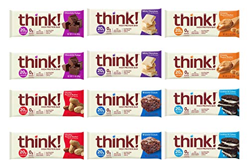 thinkThin High Protein Bars - Variety Sampler Pack, 6 Flavors, 20g Protein, 0g Sugar, No Artificial Sweeteners, Gluten Free, GMO Free, 2.1 oz bar (12 Count)