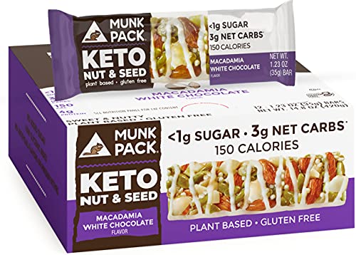 Munk Pack Keto Nut & Seed Bar, <1g Sugar, 3g Net Carbs, Keto Snacks, No Added Sugar, Plant Based, Gluten Free, Soy Free (NEW! Macadamia White Chocolate 12 Pack)