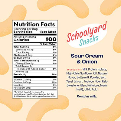 Schoolyard Snacks Low Carb Keto Cheese Puffs - Sour Cream & Onion - High Protein - All Natural - Gluten & Grain-Free - Healthy Chips - Low Calorie Food - 12 Pack Single Serve Bags - 100 Calories