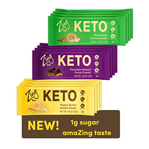 Zing Keto Low Carb Protein Bar | Keto Variety Pack, 12 Count | 3 Amazing Flavors | 7-9g Protein, 3g Net Carbs, 1g Sugar | Vegan, Gluten-Free, No Added Sugar | Created by Professional Nutritionists