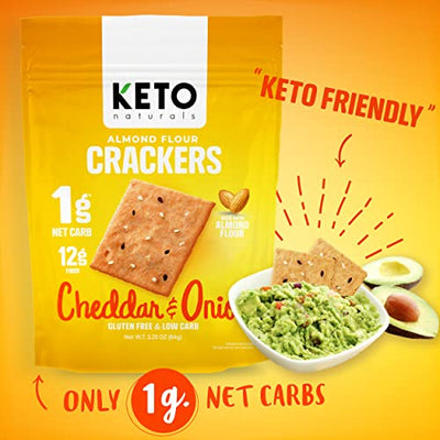 Keto Crackers low carb crackers (Cheddar and Onion) Keto friendly snack crackers almost zero carb no sugar (3 Pack) almond flour crackers healthy snack absolutely gluten free crackers paleo snack friendly