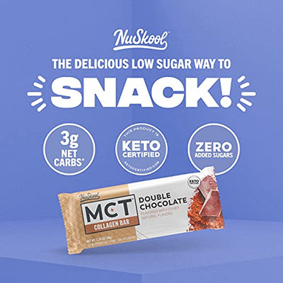 MCT Collagen Bar by NuSkool, Double Chocolate (12 Pack) - Delicious & Clean, Keto Friendly Protein Snacks - 3g Net Carbs - Gluten Free, Dairy Free, Soy Free & Non-GMO