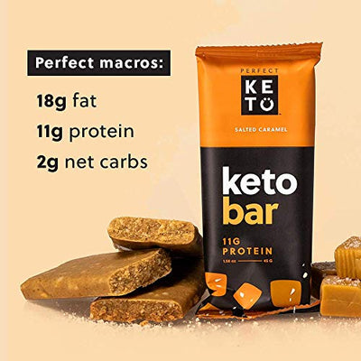 Perfect Keto Bars - The Cleanest Keto Snacks with Collagen and MCT. No Added Sugar, Keto Diet Friendly - 3g Net Carbs, 19g Fat,11g protein - Keto Diet Food Dessert (Salted Caramel, 12 Bars)