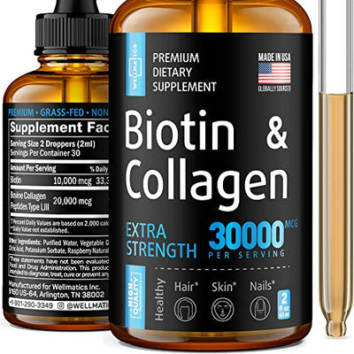 Biotin & Collagen Drops - Hair Growth Treatment - Liquid Collagen for Women & Men - Made in USA - Biotin Vitamins for Hair, Skin and Nails - Hair Loss Biotin and Collagen Supplement - 2 fl oz