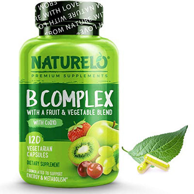 NATURELO B Complex - Whole Food Complex with Vitamin B6, Folate, B12, Biotin - Supplement for Energy and Stress - High Potency - Vegan - Vegetarian - Non GMO - Gluten Free - 120 Capsules
