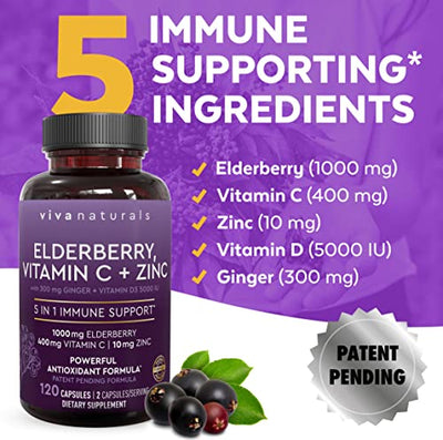 Viva Naturals Elderberry, Vitamin C, Zinc, Vitamin D3 5000 IU & Ginger - Antioxidant & Immune Support Supplement, 2 Month Supply (120 Capsules) - 5 in 1 Daily Immune Support for Adults