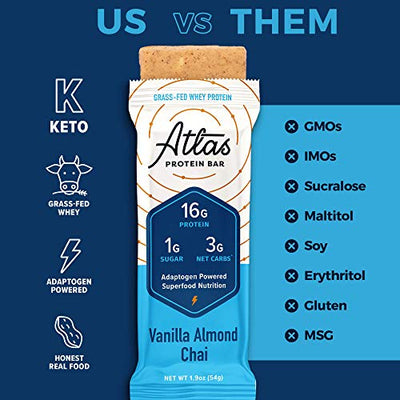 Atlas Protein Bar, Meal Replacement, Keto Snack, 10 pack, Ultimate Pack of Chocolate Cacao, Peanut Butter Choc. Chip, Vanilla Almond Chai, Almond Choc. Chip, Peanut Butter Raspberry, Mint Choc. Chip