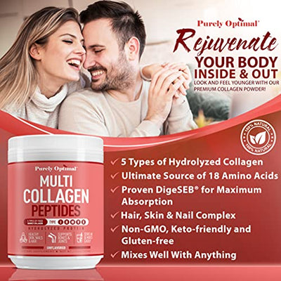 Premium Multi Collagen Powder - 5 Types of Hydrolyzed Collagen Peptides with Biotin, Hair Skin and Nails Vitamins, Bone & Joint Support - Keto-Friendly, Max Absorption, Easy Mix, Unflavored (16 oz)