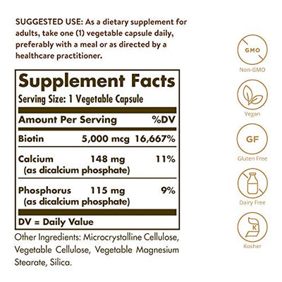 Solgar Biotin 5000 mcg, 100 Veg Caps - Promote Healthy Skin, Nails & Hair - Supports Energy Production, Protein, Carbohydrate & Fat Metabolism - Vitamin B - Non GMO, Vegan, Gluten Free - 100 Servings