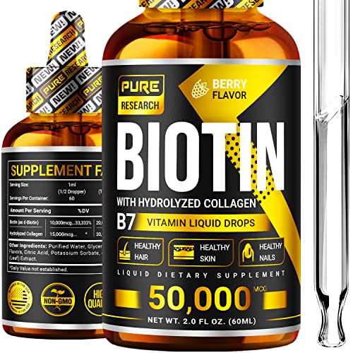 Biotin & Collagen 50,000mcg Hair Growth Liquid Drops, Supports Strong Nails, Glowing Skin, Healthy Hair Growth, More Absorption Than Capsules & Pills. (2 Fl Oz) (Packaging May Vary)