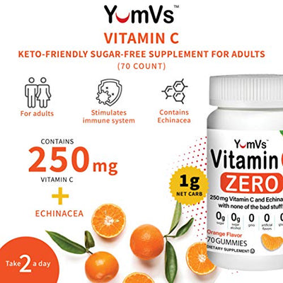 Vitamin C with Echinacea Zero Gummies for Adults by YumVs | Keto Friendly Sugar Free Supplement for Women & Men | 250 mg Vitamin C + Echinacea | Natural Orange Flavor Chewables-70 Count