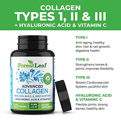 Advanced Collagen Supplement, Type 1, 2 and 3 with Hyaluronic Acid and Vitamin C - Anti Aging Joint Formula - Boosts Hair, Nails and Skin Health - 240 Capsules - by ForestLeaf
