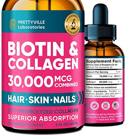 Biotin & Collagen Drops for Hair Growth 30,000mcg - Hеalthy Hair, Skin & Nаils - Made in USA - Liquid Biotin & Collagen Supplement for Best Absorption - Perfect Hair Growth for Men & Women - 2oz