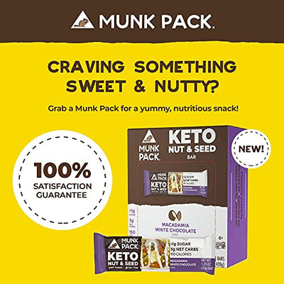 Munk Pack Keto Nut & Seed Bar, <1g Sugar, 3g Net Carbs, Keto Snacks, No Added Sugar, Plant Based, Gluten Free, Soy Free (NEW! Macadamia White Chocolate 12 Pack)