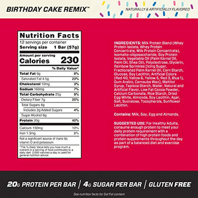 BSN Protein Bars - Protein Crisp Bar by Syntha-6, Whey Protein, 20g of Protein, Gluten Free, Low Sugar, Cold Stone Creamery Birthday Cake Remix, 12 Count
