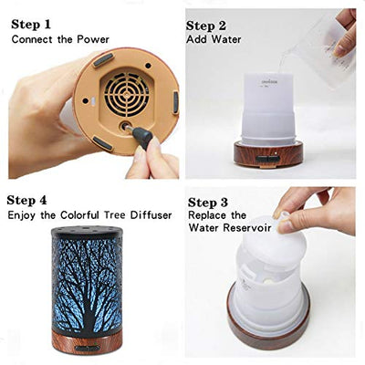 EQUSUPRO Essential Oil Diffuser 100ml Metal Aromatherapy Oil Diffuser Ultrasonic Cool Mist Diffuser with Waterless Auto Shut-Off Protection,7 Colors Changed LED for Home Office SPA Yoga (Tree)