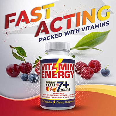 Vitamin Energy® Pills - Energy Lasts up to 7+ Hours, Keto Friendly, Green Tea, Raspberry Ketones, L-Carnitine, 0 Carbs, 0 Sugar 30-ct Pills.