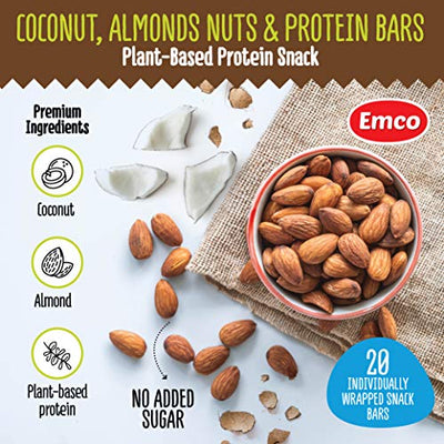 Coconut + Almonds Nuts & Protein Bars by Emco | Keto Snacks | Gluten Free, Low Carb, No Added Sugar, Vegan, Kosher | Plant-Based Protein Snack | 20 Individually Wrapped Snack Bars