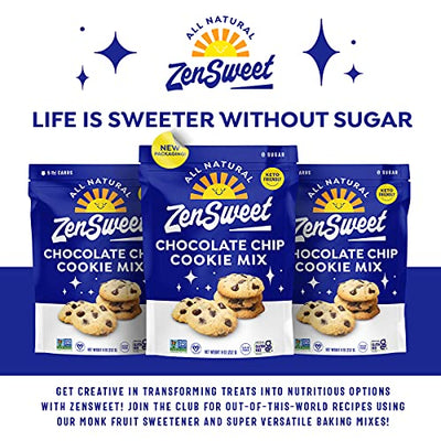 ZenSweet Baking Chocolate Chip Cookie Mix - Keto Baking Mix with No Sugar Added - 9oz, 1 Pack - Gluten Free, Grain Free, Vegan, Low Carb, Non-GMO - With Monk Fruit Sweetener - Makes 12 Sugar-Free Cookies
