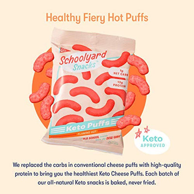 Schoolyard Snacks Low Carb Keto Cheese Puffs - Fiery Hot - High Protein - All Natural - Gluten & Grain-Free - Healthy Chips - Low Calorie Food - 12 Pack Single Serve Bags - 100 Calories