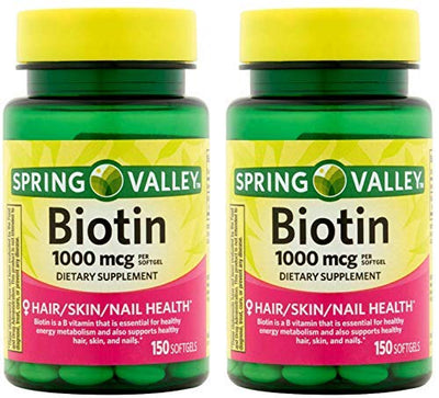 Spring Valley Biotin 1000 Mcg 300 Softgels for Healthy Skin, Hair and Nails (2 Bottles of 150 Softgels each)