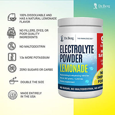 Dr. Berg's Electrolyte Powder, Lemonade PLUS - Hydration Drink Mix Supplement Helps Replenish & Rejuvenate Your Cells Keto Friendly - NO Maltodextrin or Sugar - No Ingredients from China - 90 Servings