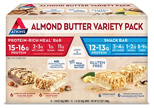 Atkins Almond Butter Meal and Snack Bar Variety Pack. Gluten-Free, Light and Crispy Protein & Fiber Bars Made with Real Almond Butter (4 Flavors, 24 Bars), 24 Piece Assortment
