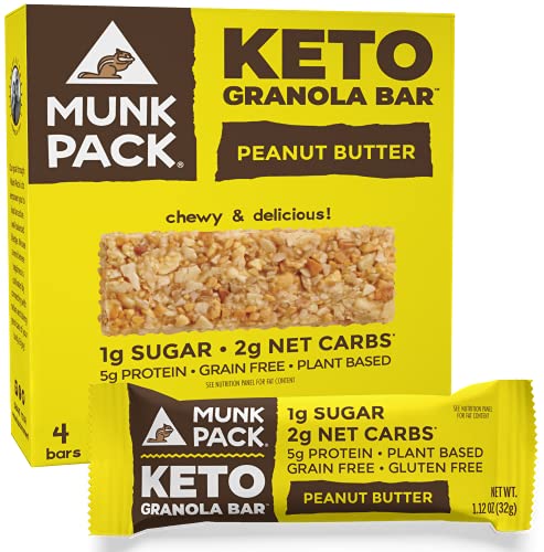 Munk Pack Keto Granola Bar, Grain Free, Vegan, 1g Sugar, 2g Net Carbs, 5g Protein, Peanut Butter, 1.12 Ounce (Pack of 4)