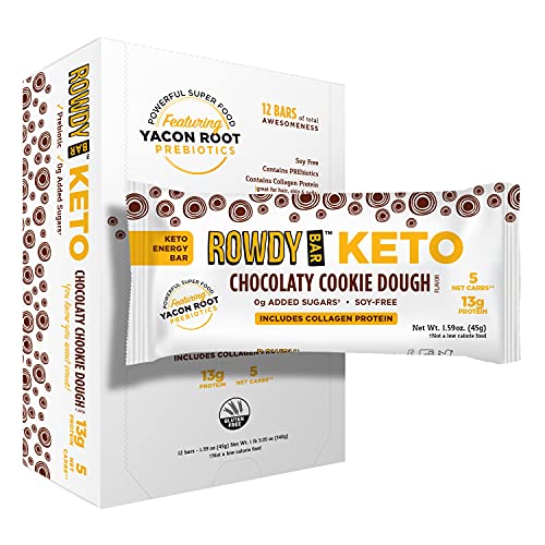 ROWDY BAR Keto Chocolaty Cookie Dough Protein Bar | Collagen & Egg White Protein | Yacon Root | Keto & Paleo Friendly | Gluten Free, Non GMO, Low Glycemic | 12 Bars per Box