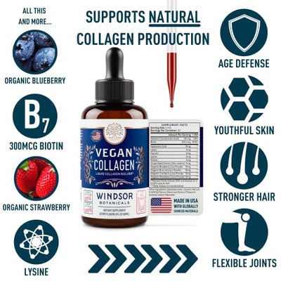 Vegan Collagen Builder Liquid Supplement - Windsor Botanicals Age Defense Formula for Youthful Skin, Hair, Nails, and Pain-Free Joints - Gluten-Free, Non-GMO Liquid Collagen - Berry Flavor - 2 oz