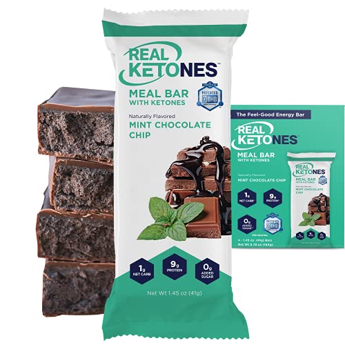 Real Ketones Keto Protein Meal Bar, 12-Pack, Mint Chocolate Chip with D-BHB, MCT and Electrolytes, Gluten Free, No Sugar, Snack Food