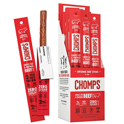 CHOMPS Grass Fed Original Beef Jerky Snack Sticks, Keto, Paleo, Whole30 Approved, Non-GMO, Gluten Free, Sugar Free, High Protein, 90 Calorie Snacks, 1.15 Oz Meat Stick, Pack Of 24