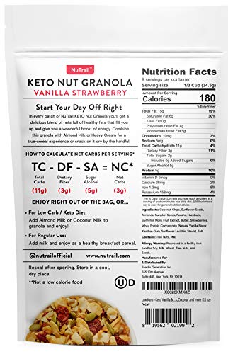NuTrail™ - Keto Vanilla Strawberry Nut Granola Healthy Breakfast Cereal - Low Carb Snacks & Food - 3g Net Carbs - Gluten Free, Grain Free - Almonds, Pecans, Coconut and more (11 oz) (3 Count)
