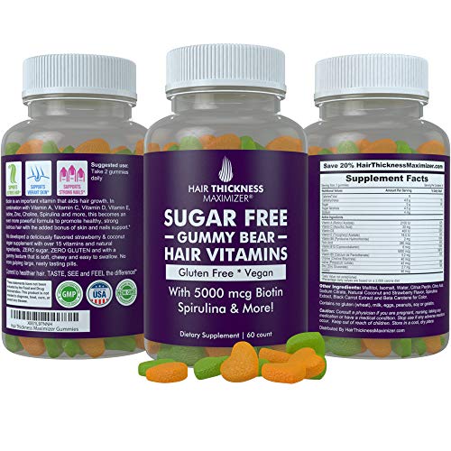 Sugar Free Hair Gummy Bear Vitamins by Hair Thickness Maximizer with Biotin 5000 mcg. Vegan, Gluten Free, Chewy Natural Hair Vitamin Gummies for Men and Women. Great for Hair Growth, Skin and Nails